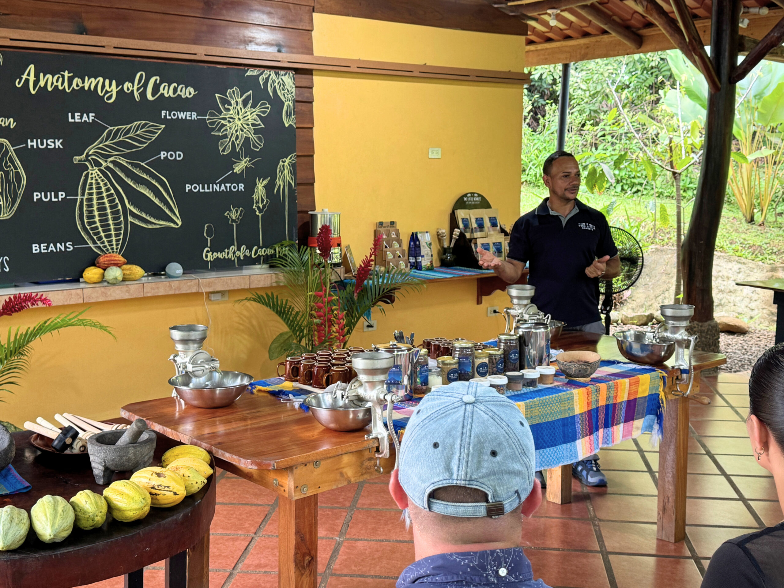 A guide introducing the chocolate-making process to guests under the rancho