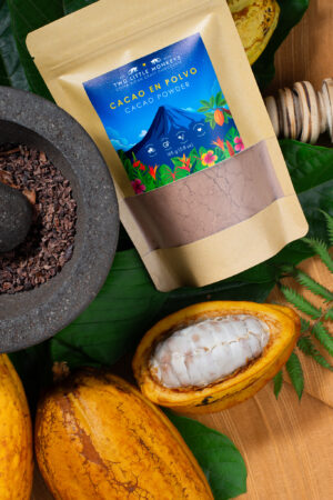 Artisan chocolate lifestyle photography on cacao leaves and pods
