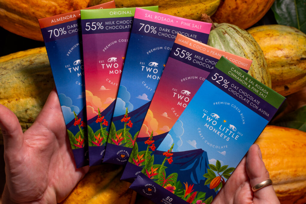 Artisan chocolate lifestyle photography on cacao leaves and pods