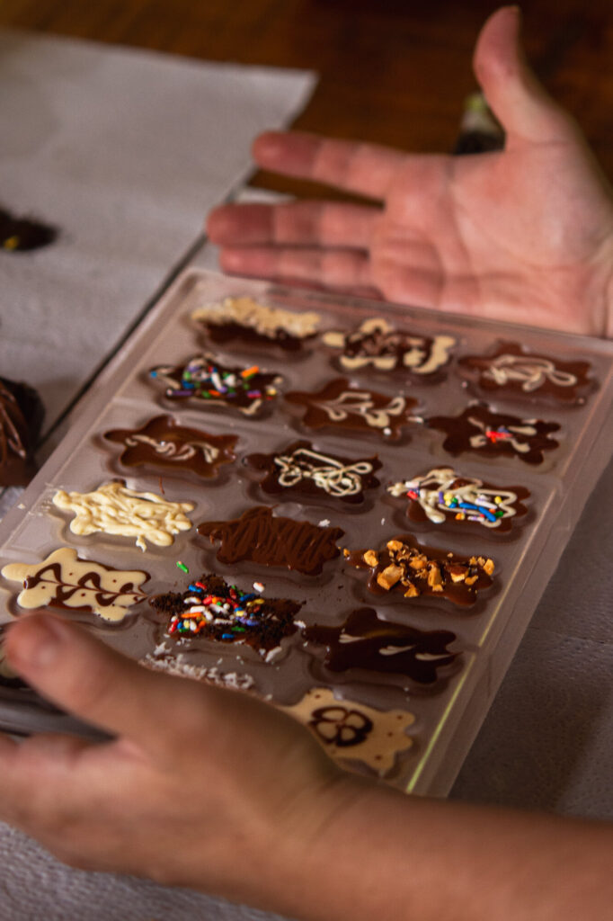 Finished handmade chocolate pieces in a mold, decorated with toppings