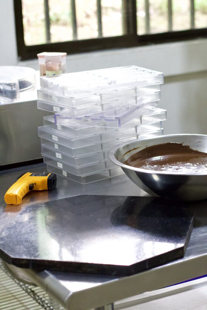 Chocolate molds and a bowl of melted chocolate in the factory
